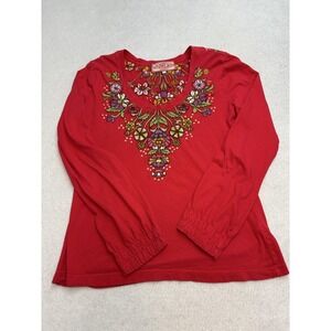 Johnny Was JWLA Shirt Women's Large Red Embroidered Floral Boho Long Sleeve